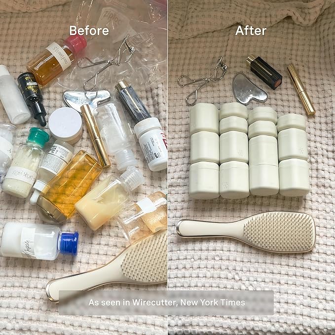 Cadence Travel Containers - Body Care Capsule Set - Magnetic Containers with Lids,Carry On Travel Essentials for Women/Men - 3 Flex Mediums (1.32oz) - Body Wash, Lotion & Sun Icon Labels - Sand