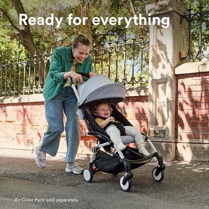 Stokke YOYO3 Frame, White - Textile Set Not Included - Comes with 5-Point Harness, Multi-Position Reclining Backrest, Canopy Extensions, Padded Shoulder Strap & Protective Storage Bag