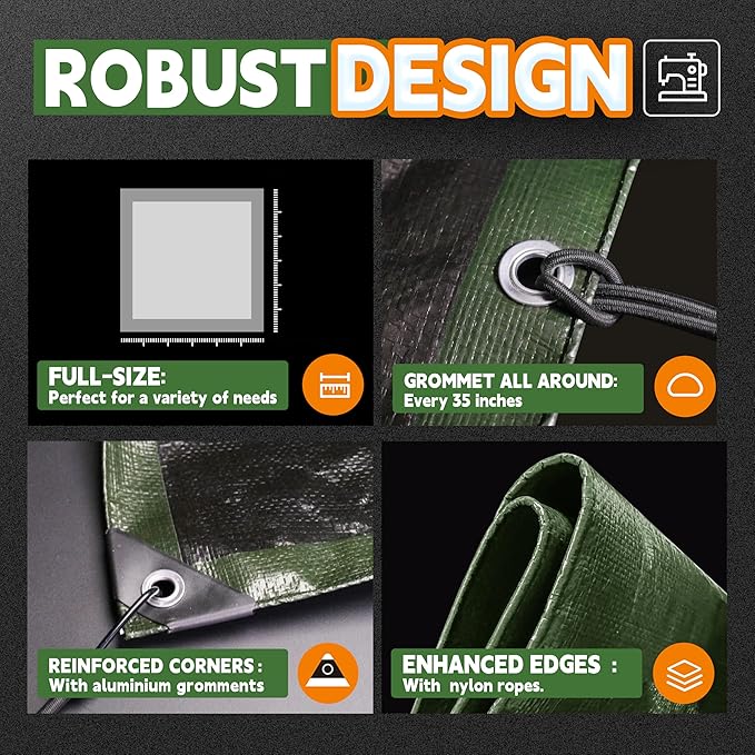 8x8 Feet Tarp Waterproof,9Mil Thick,Finished Size Tarps,UV Resistant,Durable,Multipurpose Poly Tarp Cover with Metal Grommets and Reinforced Edges,Green/Black by RAINDEWAY
