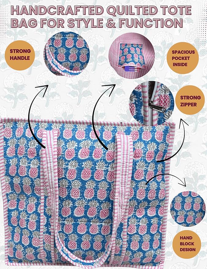 Cotton Quilted Tote Bag for Women – Large Beach & Travel Tote with Zipper, Reusable Grocery Bag