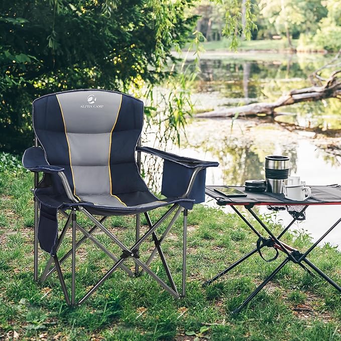 LET'S CAMP Folding Camping Chair Oversized Heavy Duty Padded Outdoor Chair with Cup Holder Storage and Cooler Bag, 450 LBS Weight Capacity, Thicken 600D Oxford,2 Pack