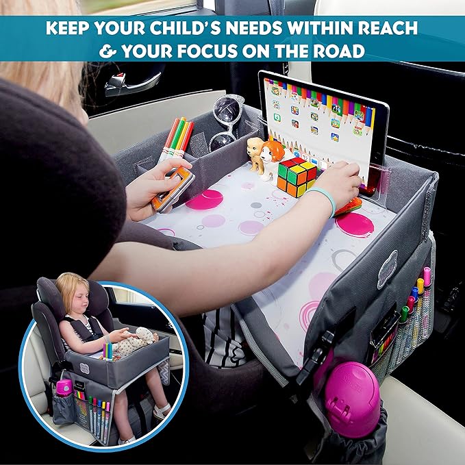 Kenley Kids Travel Tray, Toddler Car Seat Lap Tray, Road Trip Essentials Activity Table (Blue/Gray)