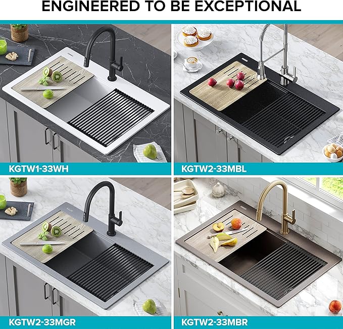 KRAUS Bellucci Workstation 33 in. Drop In Single Bowl Granite Kitchen Sink in Metallic Gray with Accessories, KGTW2-33MGR