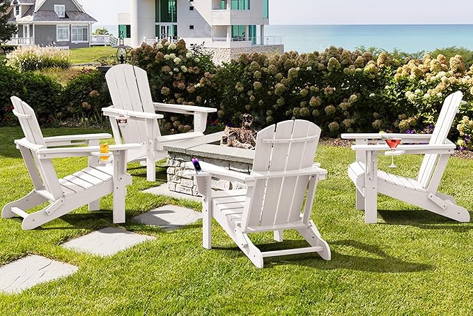 SERWALL Adirondack Chair with Cup Holders - Composite Adirondack Chairs Set of 4 HDPE Outdoor Chairs All Weather Use- White