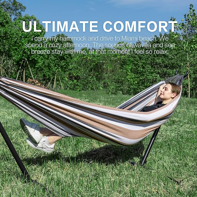 PNAEUT Double Hammocks with Stand for Outside, Portable Space Saving Heavy-Duty Steel Stand for Indoor Outdoor Patio with Carrying Bag, 450 lbs Capacity (Coffee)