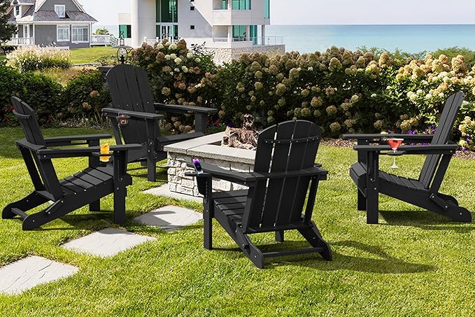 SERWALL HDPE Folding Adirondack Chair with Dual Cup Holder - Composite Adirondack Chair Set of 6- Black