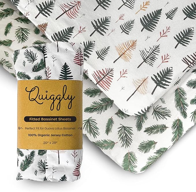 Quiggly Bassinet Sheets for Guava Lotus, 2 Pack Organic Cotton Jersey Knit, Vibrant Forrest Tree Patterns - Fits Travel Crib Mattresses for Boys & Girls (Bassinet, Whispering Woodland)