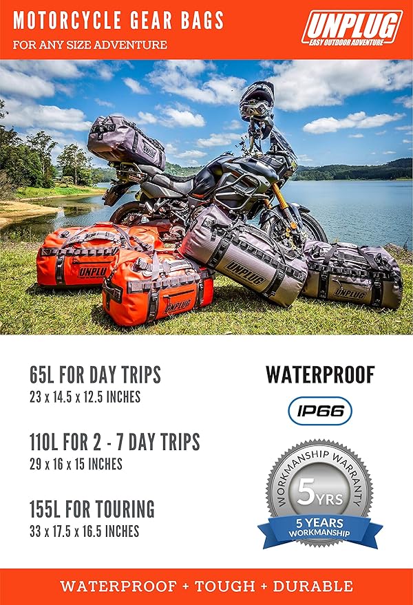 UNPLUG Ultimate Adventure Bag | 1680D Heavy Duty Waterproof Bag | Large Travel Duffle Bag which can be Used for Camping, Motorcycling, Boating, or Hunting (155L Adventure Orange)