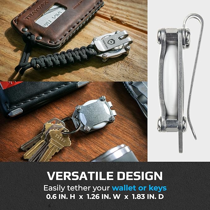 Trayvax Tracer Apple Airtag Keychain, Stainless Steel Air Tag Holder Key Chain with Pocket Clip, and Lanyard Hole, Silver
