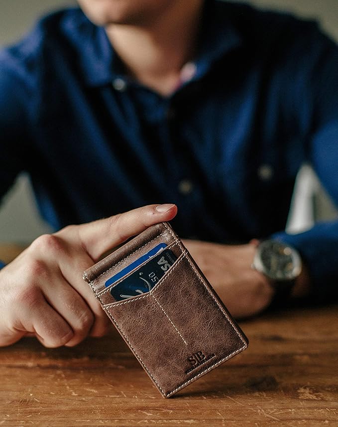 SERMAN BRANDS RFID Blocking Wallet Slim Bifold - Genuine Leather Minimalist Front Pocket Wallets for Men with Money Clip Gift
