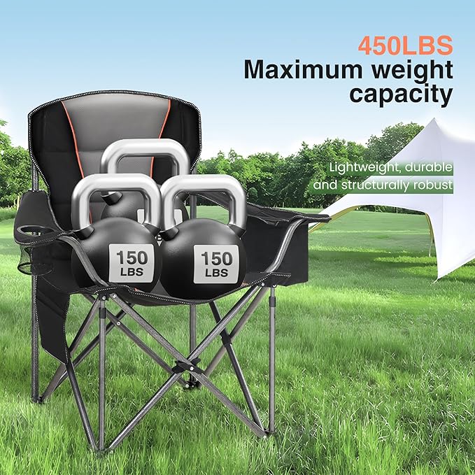 HIGH POINT SPORTS Oversized Portable Camping Folding Chair, Heavy Duty Foldable Outdoor Chair, Camp Chair with Cup Holder and Cooler Bag Support 450 LBS, Black…