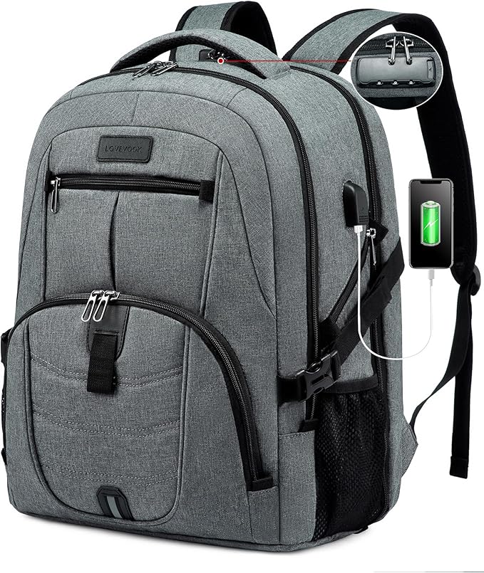 LOVEVOOK 17 inch DarkGrey Travel Laptop Backpack with USB Charging Port, Anti-Theft, Waterproof, Large Computer Business Backpack for Men, College Students