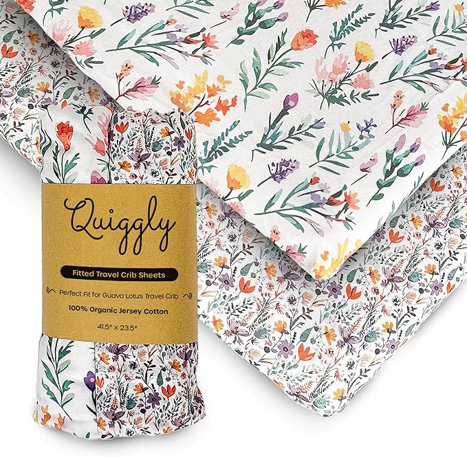 Quiggly Travel Crib Sheets for Guava Lotus, 2 Pack Organic Cotton Jersey Knit, Vibrant Floral Patterns - Fits Mattresses for Boys & Girls (Travel Crib, Wildflower Dreamin')