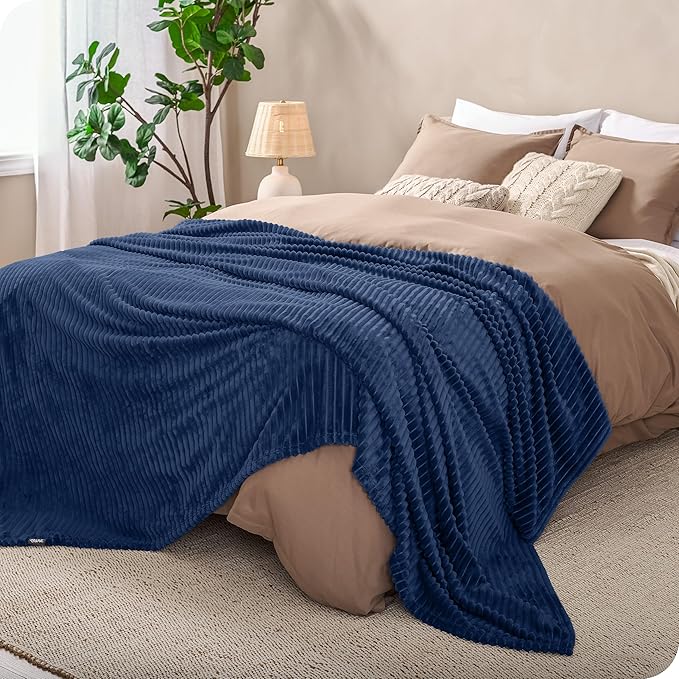 Bare Home Textured Fleece Blanket - Throw/Travel - Ultra-Soft Lightweight for Bed, Sofa, and Couch - Luxury Microplush - Cozy Warm Blanket (Throw/Travel, Ribbed Dark Blue)