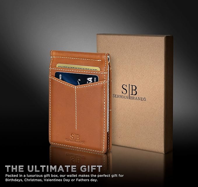 SERMAN BRANDS RFID Blocking Wallet Slim Bifold - Genuine Leather Minimalist Front Pocket Wallets for Men with Money Clip Gift