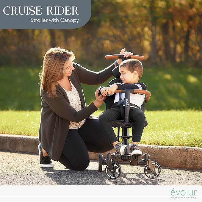 Evolur Cruise Rider Stroller with Canopy, Lightweight Umbrella Stroller with Compact Fold, Easy to Carry Travel Stroller - Noir Black