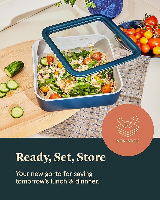 Caraway Glass Food Storage, 10 Cup Glass Container,Ceramic Coated Food Container,Easy to Store, Non Toxic, Non Stick Lunch Box Container with Glass Lids. Dishwasher, Oven,Square Shape,Cream