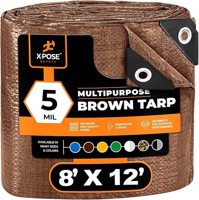 Multipurpose Protective Cover Brown Poly Tarp 8' x 12' - Durable, Water Resistant, Weather Resistant - 5 Mil Thick Polyethylene - by Xpose Safety - by Xpose Safety