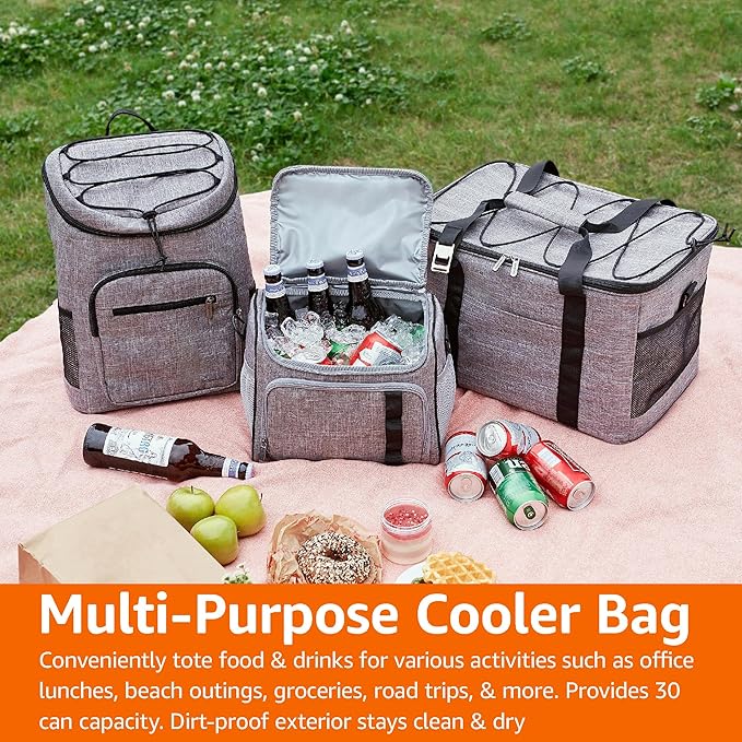 Amazon Basics Insulated Cooler Backpack, 30 Can Capacity, Leak-Proof Design, Gray