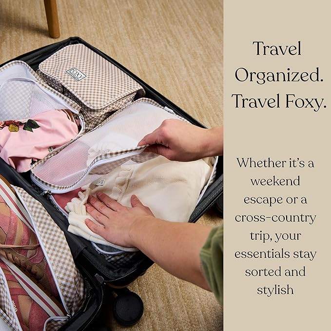 9 Set Packing Cubes - Suitcase Organizer, Cute Packing Cubes, Travel Bags Organizer for Luggage with Hanging Toiletry and Shoe Bag, Travel Essentials for Women, Men and Kids -Gold