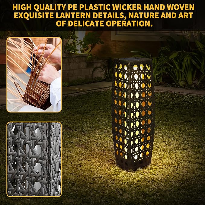 Solar Powered Outdoor Floor, 2 Piece Solar Outdoor Floor Lamps Lanterns Waterproof, Resin Wicker Weather-Resistant Rattan Deck Light for Patio, Lawn, Porch, Garden