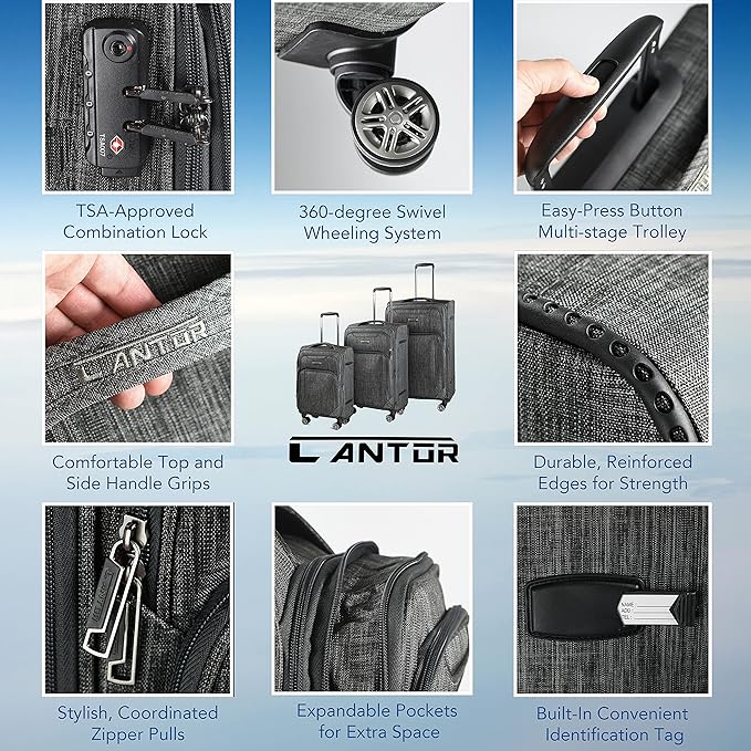 Cantor Ultra Lightweight Softside Luggage with Spinner Wheels, Set of 3, Expandable Suitcase with Retractable Handle and ID Tag, and Interlocking Zippers with TSA Lock