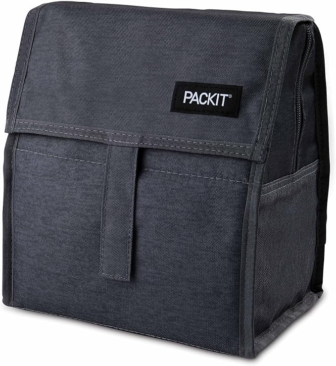 Packit® Freezable Lunch Bag, City Charcoal, Built with ECOFREEZE® Technology, Foldable, Reusable, Zip and Velcro Closure with Buckle Handle, Designed for Work Lunches and Fresh Lunch On the Go