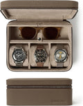 TAWBURY Luxury Leather Watch Box - Unisex Travel Case With Zipper Closure | Taupe Top-Grain Genuine Leather Roll | 3 Watch Carrying Case for Men