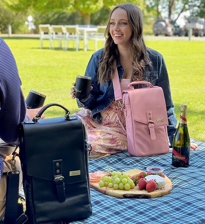 Leather Wine Bag & Wine Tumblers Set. Wine Gifts For Men Birthday. Leather Wine Carrier. Unique Insulated Cooler Bag Bottle Carrier. Wine Tote Bags For Travel Beach. Wine Lovers Picnic Idea