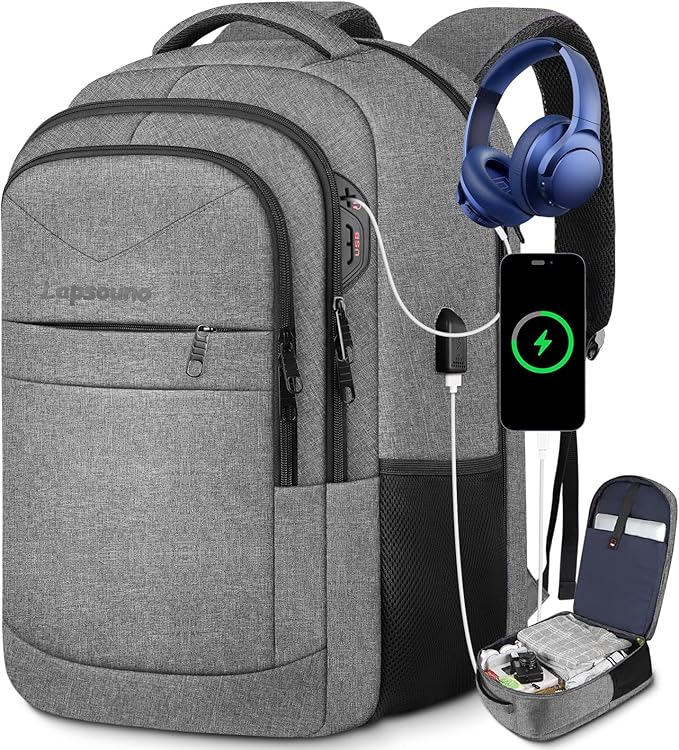 Lapsouno Extra Large Laptop Backpack, 17 Inch Carry on Travel Backpack, Anti-Theft College School Computer Bag with USB Port, Gift for Men Women, Grey