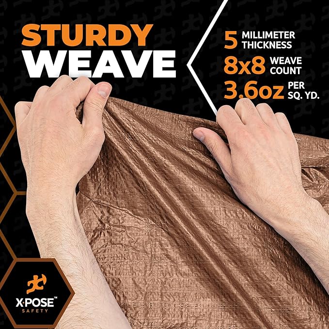 Multipurpose Protective Cover Brown Poly Tarp 10' x 10' - Durable, Water Resistant, Weather Resistant - 5 Mil Thick Polyethylene - by Xpose Safety