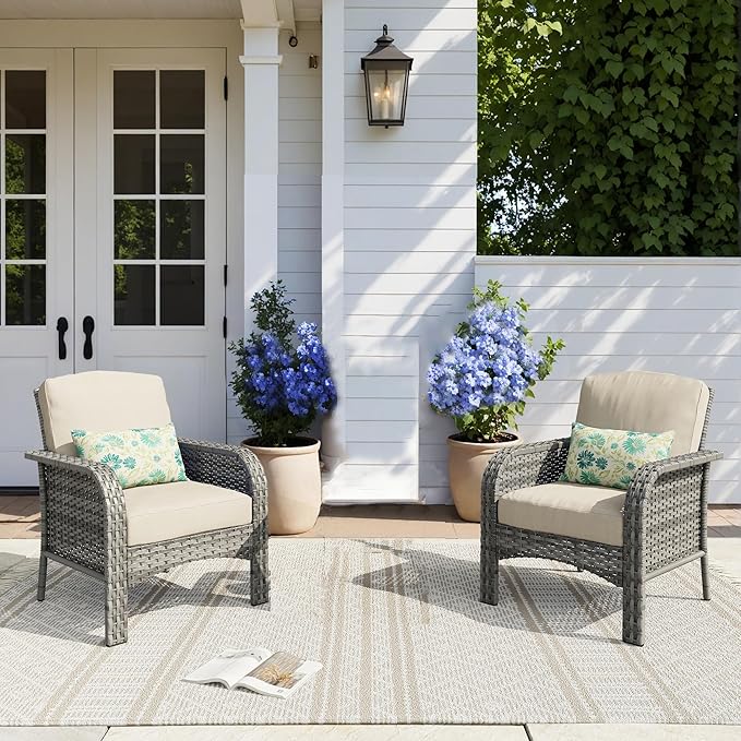 HOOOWOOO Patio Furniture Set,2 Pieces Outdoor Wicker Chairs Set,All Weather Deck Bistro Chairs with Comfy High Back,Beige