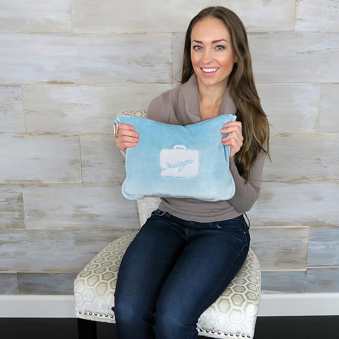 EverSnug Travel Blanket and Pillow - Premium Soft 2 in 1 Airplane Blanket with Soft Bag Pillowcase, Hand Luggage Sleeve and Backpack Clip (Ice Blue)