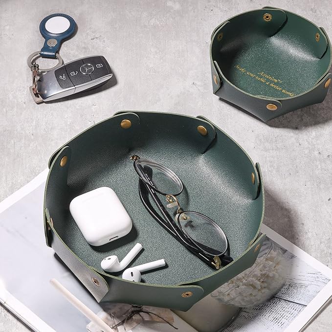 Leather Valet Trays,Premium Catchall Trays,Jewelry Trays, Folding Travel Organizer,Decorative Desk Organizer for RPG Game Players, Office/Home Organization Baskets(2PCS) (Green)