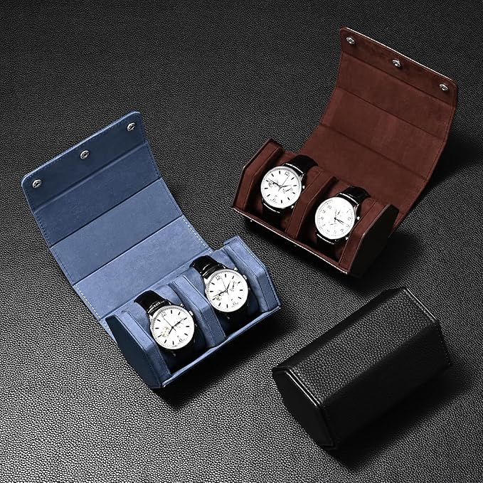 Oirlv Luxury Hexagonal Leather Watch Travel Case Watch Organizer Case for Men Portable Jewelry Storage Roll Organizer(2-Slot,Blue)