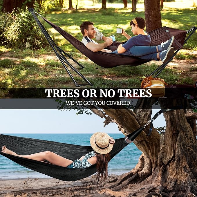 Tranquillo Universal Hammock with Stands Electro Static Coated Steel, Adjustable Foldable Hammock Stand with 2 Layered Polyester Net and Carry Bag for 2 Persons (Combo - Brown)