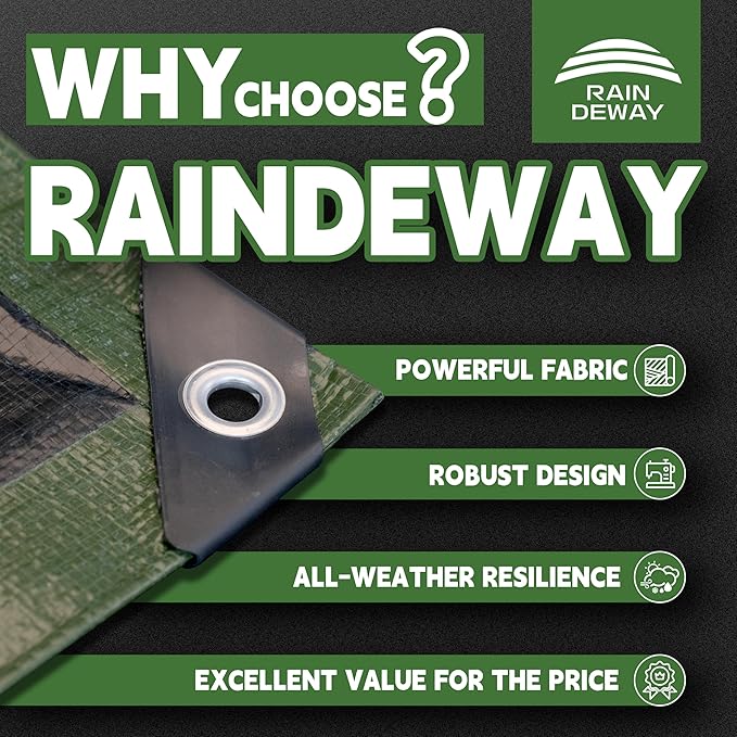 6x8 Feet Tarp Waterproof,Small Tarps,9Mil Thick,Finished Size Tarps,UV Resistant,Durable,Multipurpose Poly Tarp Cover with Metal Grommets and Reinforced Edges,Green/Black by RAINDEWAY