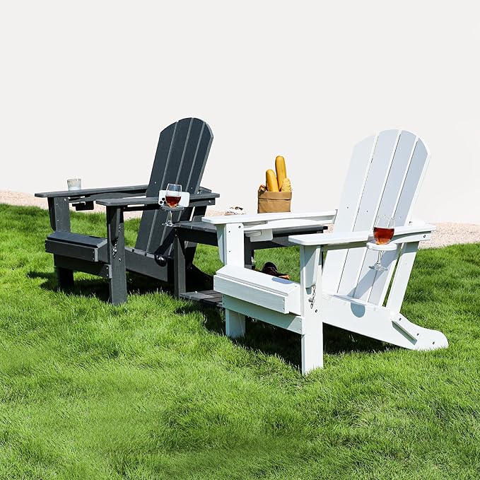 SERWALL Adirondack Chair with Cup Holders - Composite Adirondack Chairs Set of 2 HDPE Outdoor Chairs All Weather Use- White
