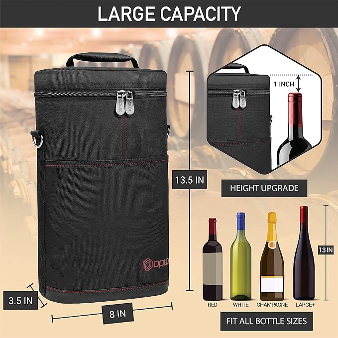 opux 2 Bottle Wine Carrier Tote, Insulated Leakproof Wine Cooler Bag, Wine Travel Bag Tote for Picnic BYOB Beach, Portable Wine Bottle Carrying Case, Gift for Wine Lover Women Men Christmas, Black