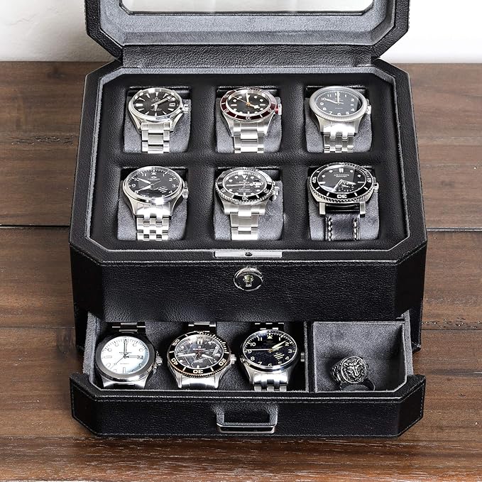 ROTHWELL 6 Slot Leather Watch Box with Valet Drawer - Luxury Watch Case Display Organizer, Microsuede Liner, Locking Mens Jewelry Watches Holder, Men's Storage Boxes With Large Glass Top (Black/Grey)