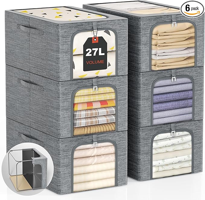 GoMaihe Clothes Storage Bins Metal Frame: 6-Pack Compact Stackable Closet Storage Bin with Lid & Clear Window, Space Saving Organizer for Sweaters Kids Clothing (Dorm/Closet 27L)