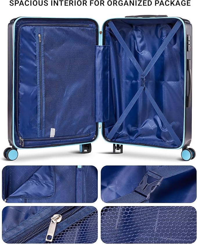 28 inch Luggage Hardside and Lightweight Suitcase with Spinner Wheels TSA Lock for Travel Business,Blue With Dark Blue