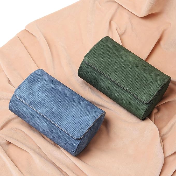Longjet Watch Roll Travel Case for Men Portable Watches Organizer Box with Removable Velvet Pillow Holder (2 Slot Denim Green)
