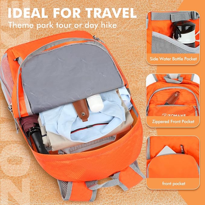 ZOMAKE Lightweight Packable Backpack 30L, Foldable Hiking Backpacks Water Resistant Compact Folding Daypack for Travel(Orange)