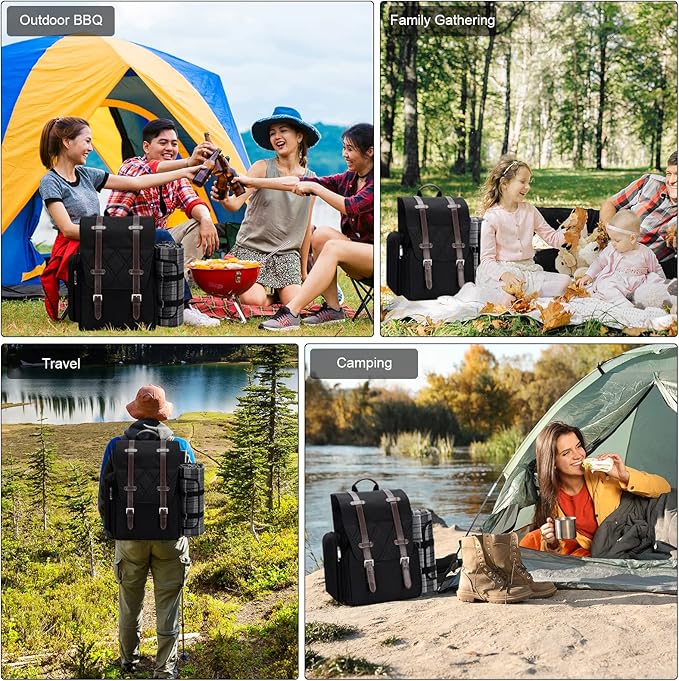 Picnic Backpack for 4 Person with Large Insulated Cooler Bag, Picnic Basket Set with Wine Pouch, Waterproof Picnic Blanket & Cutlery Set. Perfect for Beach, Camping, Party,Wedding Gift for Couple.