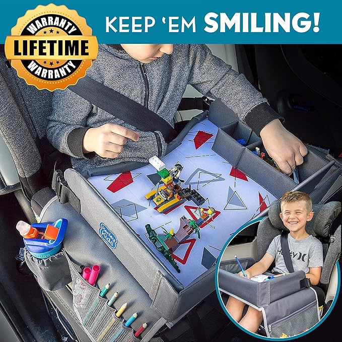 Kenley Kids Travel Tray, Toddler Car Seat Lap Tray, Road Trip Essentials Activity Table (Red/Gray)