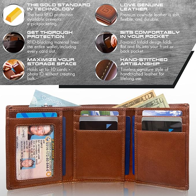 ID Stronghold Extra Capacity Trifold Wallet for Men - RFID Blocking Genuine Leather Wallet (Antiqued Brown)