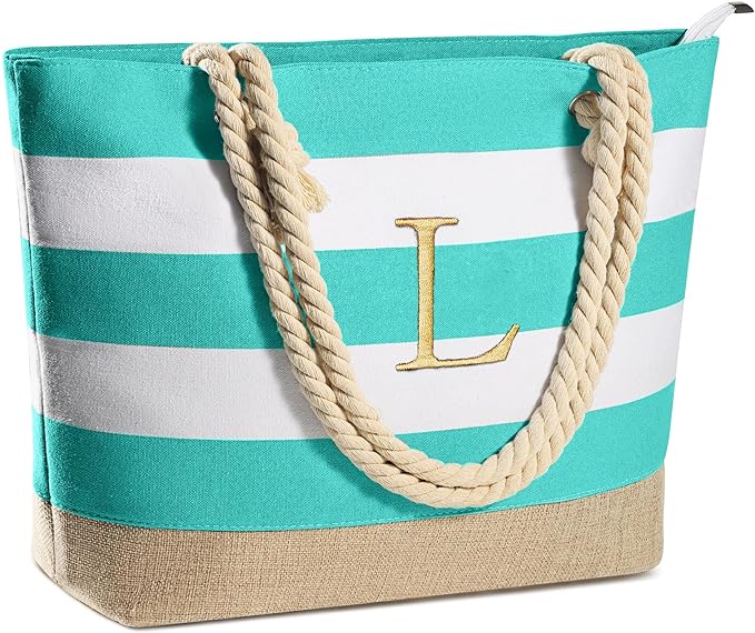 YOOLIFE Initial Canvas Waterproof Beach Tote Bag Zipper Personalized Gifts for Women Her Birthday Travel Beach Essential