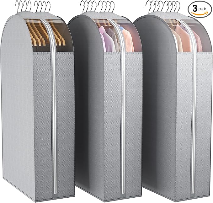 10" Gusseted Garment Bags for Hanging Clothes with Clear Window, 40" Suit Bags for Open Closet Storage, Clothing Cover for Coat, Dress, Jacket, Shirt, Fur Wardrobe Protector, 3 Packs