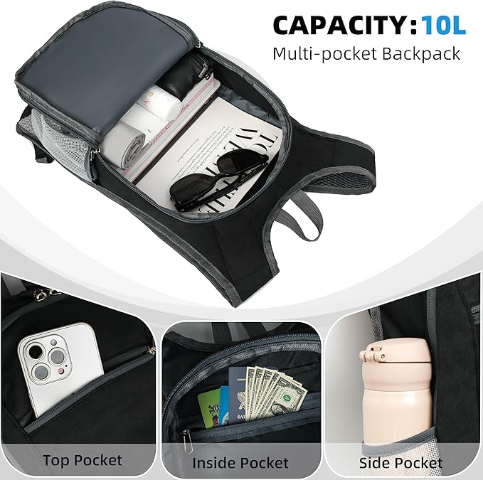 Small Travel Backpack - Lightweight & Foldable, 10L Capacity, Packable & Camping Hiking Daypack for Women & Men (Black)